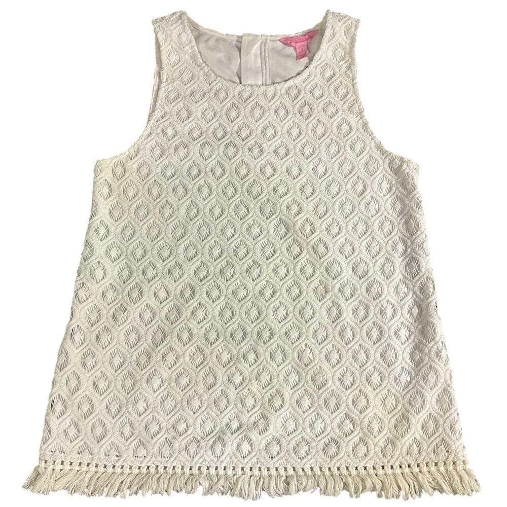 Lilly Pulitzer Size Small White Lace Sleeveless Lined Fringe Gold Zip In Back